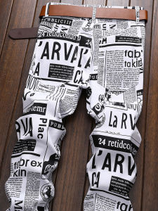 Slim Fit Mens Jeans Summer Thin Elastic Korean Style Printed White Pants Youth Fashionable Cotton Polyester Blend Wear Resistant