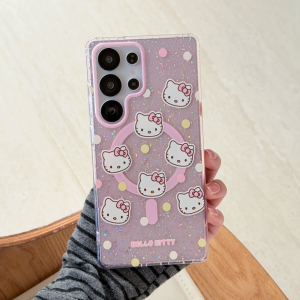 Sanrio | Magnetic Glitter Color Wave Point KT Head Phone Case for Samsung Galaxy S23 Ultra S24 S25 FE S26 Plus Ultra Hard Phone Cover
