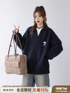 Black V-Neck Thickened Knitted Sweater Womens Autumn Winter Street Style Loose Fit Long Sleeve Crew Neck Top by CHANT2nd