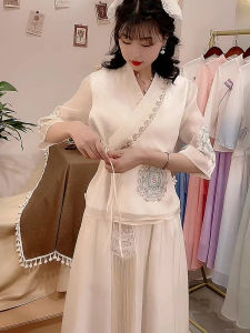 ฤดูใบไม้ผลิ ฤดูร้อน ชุดปักสไตล์จีนสูง เอว เจ้าหญิง เดรส แขนยาวยาว กระโปรง สองชิ้น ชุดสูท แฟชั่นจีนใหม่