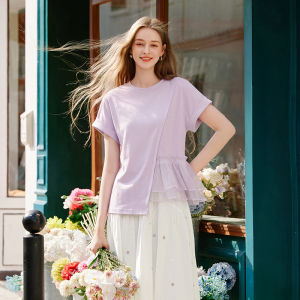 XIANGYING | Elegant Design White T-shirt for Women with Round Neck Cotton Fabric Waist-tucking Cuff-folding and Irregular Hem