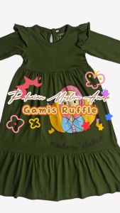 Pakaian Baju Muslim Anak Perempuan Cewek Gamis Ruffle Anak Usia 1-6 Tahun Bahan Katun Hijau Tua