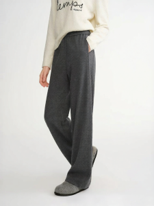 DUSHU | Plus Size Side Seam Front Shift Waist Elastic Loose Fitting Embroidered Straight Casual Warm Trousers