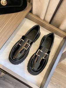 Black Leather Flats Womens Shoes Spring Autumn Versatile Thick Heel Loafers British Style Fashionable round Toe Rubber Outsole