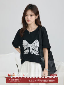 Black Lace Butterfly Knot Design Short Sleeve T-Shirt Womens Loose Summer New Style Korean Version Cotton Casual Top