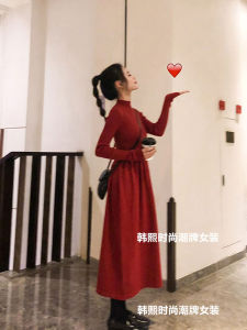 Christmas New Year Red Knitted Dress Womens Autumn Winter Waist-Cinching Slimming Coat-Ready Mini Red Dress Base Layer Sweater Dress