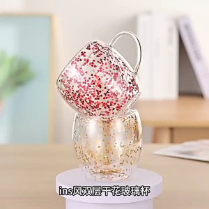 LULU 2 Layer Mug Double Wall Glass Heat Resistant Drinkware Clear Glass Coffee Moka Cup Creative Dried Flowers Valentines Day Gift