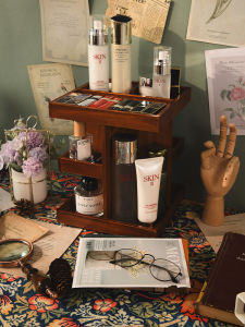 Retro Solid Wooden 360 Degrees Rotate Cosmetics Storage Box Skin Care Products Lipstick Desktop Organize the Shelves Layered