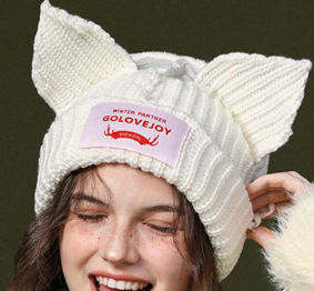Cat Ears Wool Hat Womens Autumn and Winter Stripes Thickened Warm Knitted Ear Protector Hat Pig Ears Cartoon Cute Pullover Hat