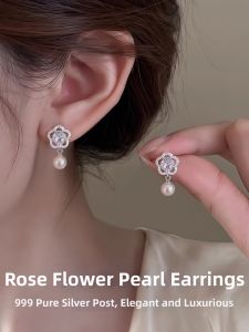Lnieer | 999 Silver Sparkling Zircon Rose and Pearl Earrings
