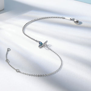 ZHOU LIU FU 周六福 950 Pure Platinum Bracelets Cute Blue Enamel Butterfly Charm Fashion Link Chain Bracelet for Women Girl 16+3cm B0710964