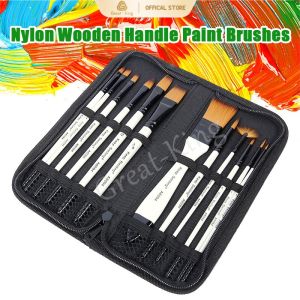 Great-King 12pcs Nylon Wooden Handle Paint Brushes for Art Painting Supplies