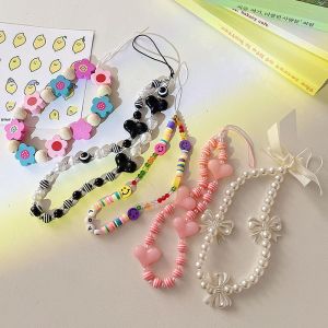 CoAce Phone Charm Strap INS Fashion Cute Bear Beaded Wrist Phone Lanyard Keychain Charm Chain Hanging Cord Anti-lost Handmade Bracelet for Women Girl Kpop Accessories