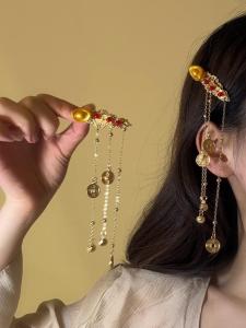 Red New Year Traditional Chinese Style Hair Accessories Ball Fringe Little Money God Copper Wire Flowing Tassel Hair Clip