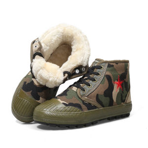 High-Top Liberation Shoes Velvet Thickened Cotton Boots Soft Bottom Cold-Proof Plaid Easiest for Match Non Slip Camouflage Warm Abrasion Resistant Big Cotton Shoes