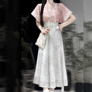 เครื่องแต่งกายสตรี Hanfu ดั้งเดิมโดยความงามของ Cao Zhou Chen เส้นใยโพลีเอสเตอร์เย็บด้วยมือปักชุดถังฤดูร้อนพร้อมคอกลมและเอวสะโพกสไตล์สวมใส่ทุกวัน