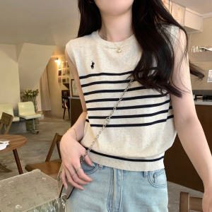 Elegant Retro Summer Color Block Stripe Embroidery Design Ice Silk Knitted Sleeveless Tank Top Womens T-shirt Korean Style Commute