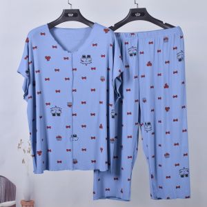 ชุดนอนผู้หญิงวัยกลางคนและผู้สูงอายุ ชุดนอนแบบสวมหัว ชุดนอนผู้หญิงแขนสั้นคอวี ชุดนอนฤดูร้อน ชุดนอน Modal หลวมๆ ไม่มีรอยตะเข็บ