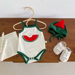 Summer Baby Romper Set Vest Style Watermelon Print All-in-One Clothes for 3-12 Months Old Babies Cotton Blend Fabric