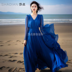 Vacation Style Long Skirt Elegant High Waist Zipper Closure Chiffon Blue Dress Beach Side Big Hem Dress Spring Summer Autumn