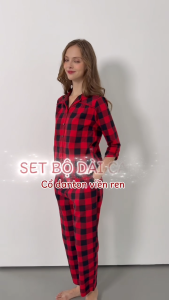 Bộ dài caro đỏ đen cổ danton viền ren mặc nhà JUBBIE - 40409