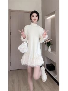 Luxurious White Knitted A-Line Mini Dress with Fringe Semi-High Collar Long Sleeve Autumn Winter New Style for Young Women
