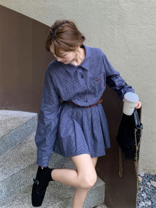 Blue Plaid Shirt Dress Womens Spring Autumn 2025 New High Waist A-Line Skirt Korean Style Simple Artistic Short Size