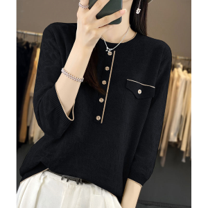 ผ้าขนสัตว์ถัก เสื้อสเวตเตอร์ คอกลมกลวง ผู้หญิง ชั้นฐาน ฤดูใบไม้ผลิ ฤดูใบไม้ร่วง สไตล์เกาหลี สลิมฟิต ปุ่มประกบแขนยาว