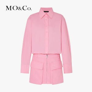MO&Co. | Spliced Denim Shirt Mini Dress with Pocket Cotton Design