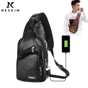 NESKIM Retro Leather chest bag sling bag men shoulder bag men USB Bag beg lelaki waterproof pouch bag side bag for men