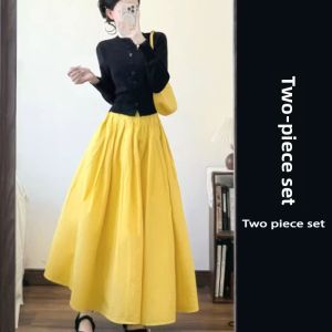 YUEZHONGWEI | Spring Korean Fashion Black Sweater Cardigan Yellow Skirt Set