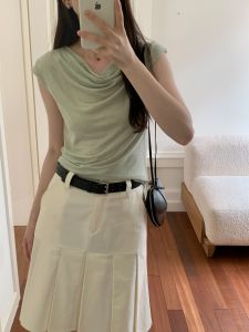 Menglu Shandeng Womens T-shirt Asymmetric Design Silk Blend Mint Green Short Sleeve Casual Top Commute Friendly Summer Wear