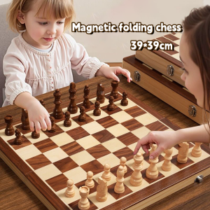 39cm Chess Board Tournament Size Magnetic Solid Wooden Chess Set with Folding Chess Board & Staunton Chess Pieces 2 Extra Queens Portable