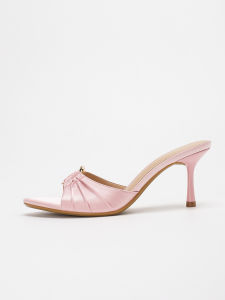 Summer Womens Stylish Elegant Satin Ruched Metal Round Buckle Open Toe Stiletto Heel Mule Sandals - Perfect for Pairing with Dr