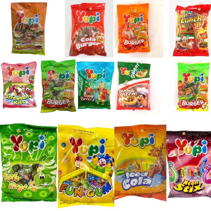 Yupi 60g120g Gummy Candy Series Burger Pizza Lunch HotDog Cola Sour Happy Bears Strawberry