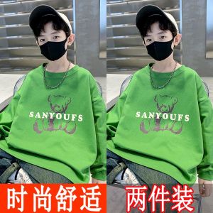 Boys Loose Fit Hoodie Spring Autumn Cartoon Letter Print Casual Polyester Fiber Childrens Wear Comfortable Breathable Top