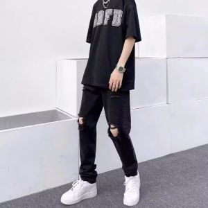 Fashion High Street Hole Denim Mens Summer K-style Loose Ins Fashion-Black Skinny Slim Looking Beggar Pants