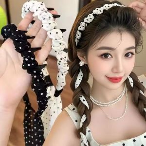 2ชิ้นที่คาดผมแบบมีฟันริบบิ้นลายจุดน่ารักของผู้หญิงที่คาดผมสำหรับสาวๆแบบถักกันลื่นเครื่องประดับผมที่คาดผมลอน