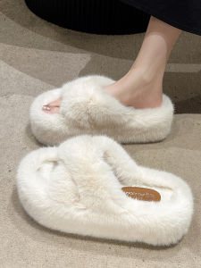 Elegant Thick Heel Fur Slippers for Women Summer Outdoor Wear Spring Autumn New Fleece Lined Cotton Slippers High Heel Shoes