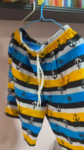 JJ-ALL 10 กางเกงขาสั้นเกรด A ลายสมอริ้วฟ้าเหลืองน้ำเงิน มีกระเป๋าหลัง ใส่สบาย 100%