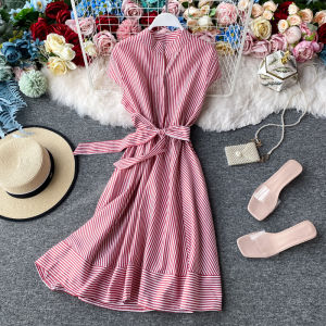 French Vintage Red Stripe Light Maturity Wind Dress Short Sleeve Women Summer Small Size Waist Inward Thin Personality Short Skirt