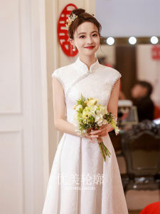 White Cheongsam Mini Dress Wedding Engagement Ceremony Dress Womens Small Size Summer Drinking Ceremony Dress