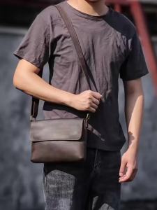 Mens Cowhide Bag Flap Fashion Shoulder Bag 7.9 Inch iPad Phone Bag Vintage Leather Crossbody Bag Gift for Husband