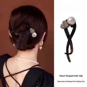 New Chinese Style Heart Shaped Hairpin Twisted Clip Womens Vintage Single Row Pearl Diamond Hair Accessories for Summer