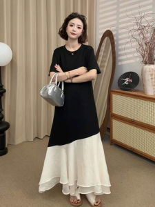 YUFUQING | Color Block Pleated Fish Tail Long Dress Womens Summer New Loose Design Short Sleeve Korean Style High Waist A-Line Dress