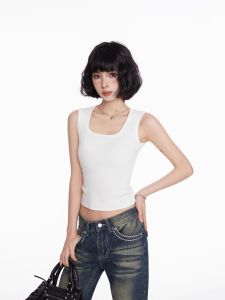BAIDAIFEI | Black Square Neck Workwear-Style Camisole Tank Top Summer Wearable Wide Straps American Short-Sleeve