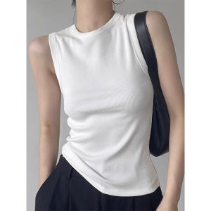 Korean Style Pure Color Simple round Neck Work Shirt Women Summer Sleeveless Wide Shoulder Outerwear Inner Match Vest Top