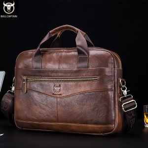 BULLCAPTAIN Briefcase Shoulder Messenger Bags Mens Genuine Leather 14-inch Laptop Bags Mens Briefcase Office Business Handbag