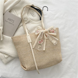 Large Capacity Straw Woven Womens Shoulder Bag Simple Tote Bag Korean Style Casual Pure Color Zipper Closure Soft Handbag