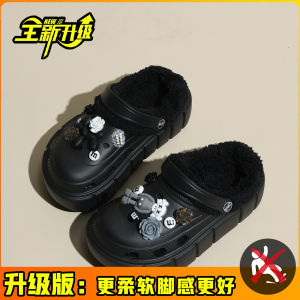 รองเท้าแตะส้นหนาสีดำสำหรับผู้หญิงในฤดูหนาวแบบมีขนแกะ รองเท้าแตะแบบถอดได้ ทรงหัวมน ส้นเตี้ย ผลิตจากยาง EVA